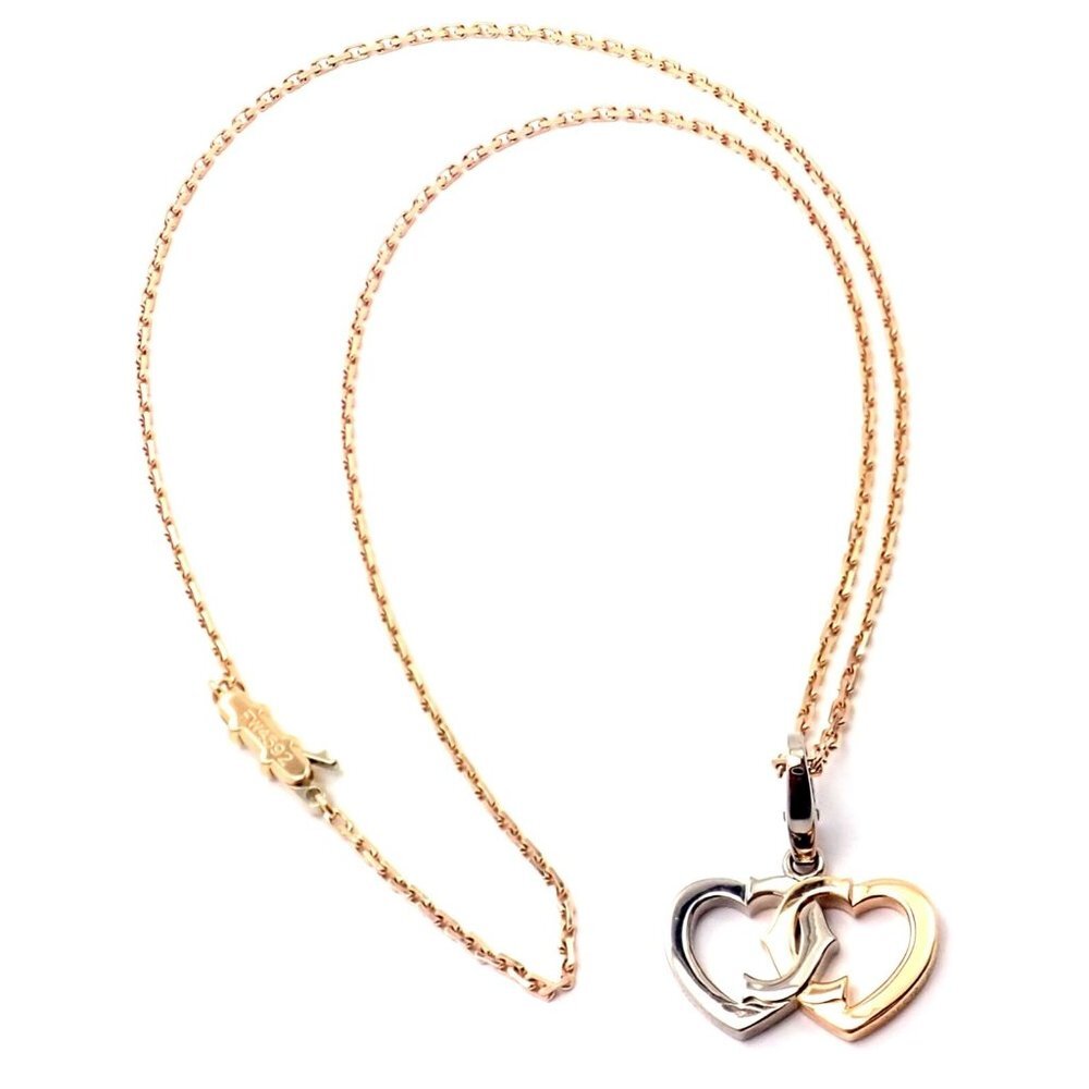 Authentic! Cartier 18K Rose & White Gold Double C Heart Pendant Chain Necklace​